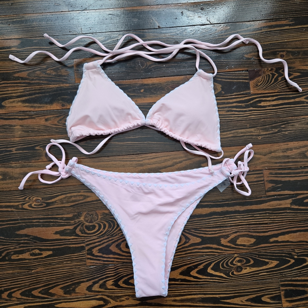 NWOT Light Pink Scalloped Trim Triangle Bikini Set 2 Piece Swimsuit Size Large